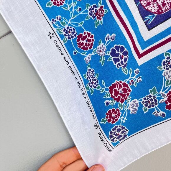 Vintage 80s Asian-Inspired Floral Poly Cotton Handkerchief Scarf USA - Picture 3 of 5